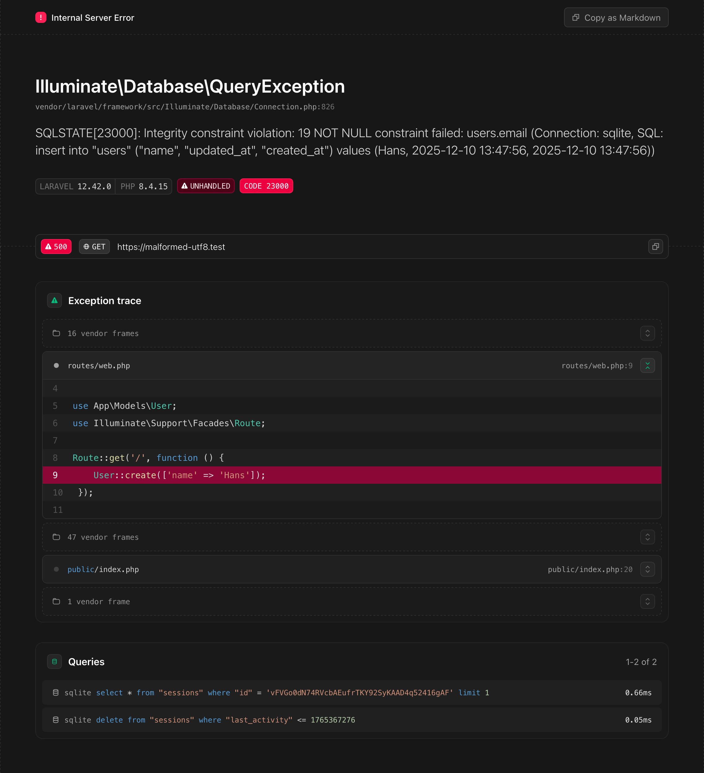 A screenshot of a Laravel exception page displaying a QueryException, complete with the relevant SQL query and bindings. Note the SQL queries in the exception message and in the Queries section