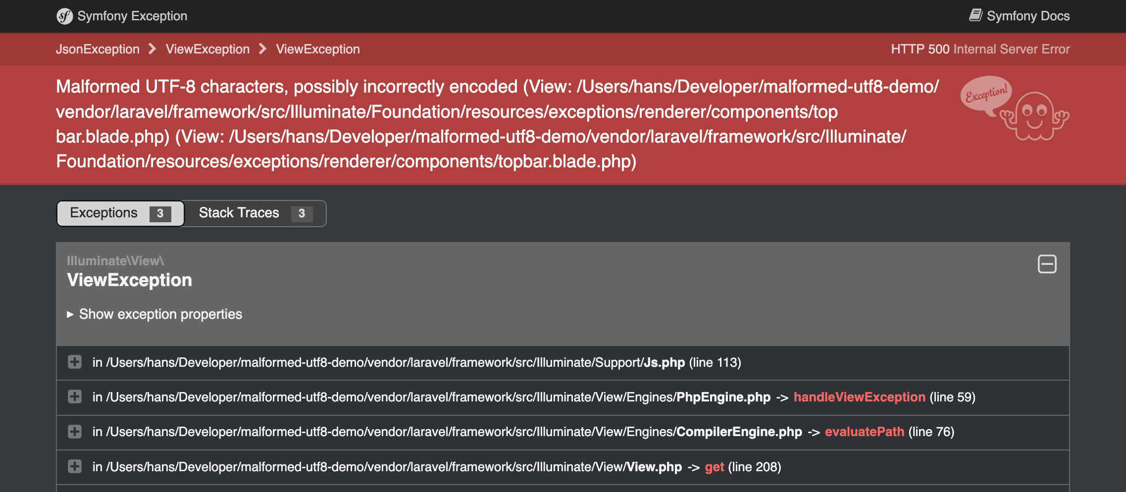 Malformed UTF-8 characters A screenshot of a Symfony exception page that displays a malformed UTF-8 characters error.