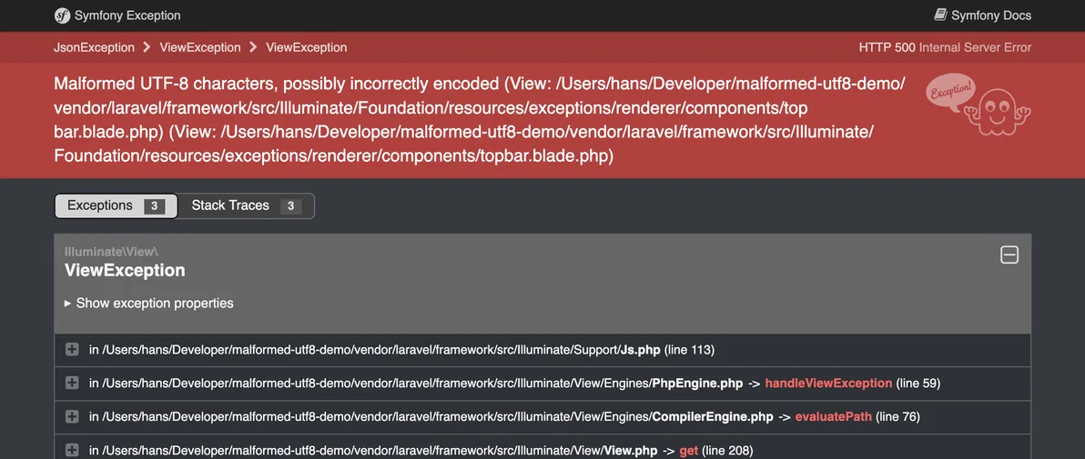 A screenshot of a Symfony exception page that displays a malformed UTF-8 characters error.