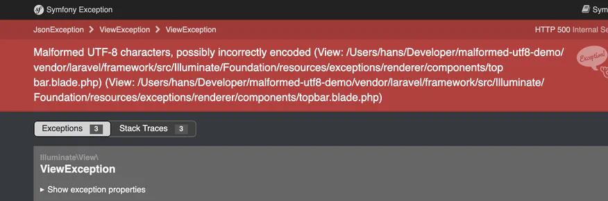 A screenshot of a Symfony exception page that displays a malformed UTF-8 characters error.