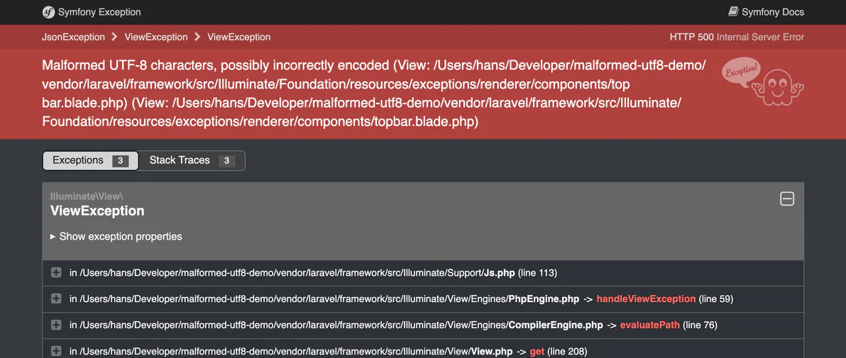 A screenshot of a Symfony exception page that displays a malformed UTF-8 characters error.