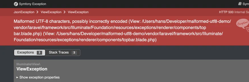 A screenshot of a Symfony exception page that displays a malformed UTF-8 characters error.