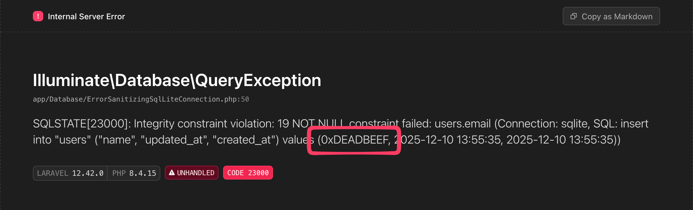 A screenshot of a Laravel exception page displaying a QueryException, complete with the relevant SQL query and the sanitized bindings displaying correctly. Note the sanitized SQL query and bindings in the exception message