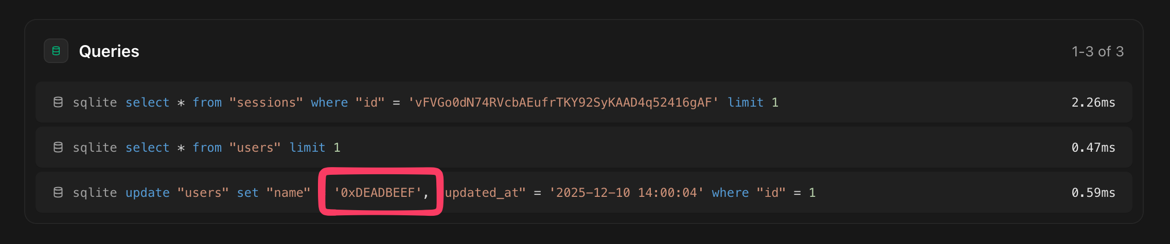 A screenshot of the Queries section of a Laravel exception page displaying the sanitized bindings. Note the sanitized bindings in the Queries section
