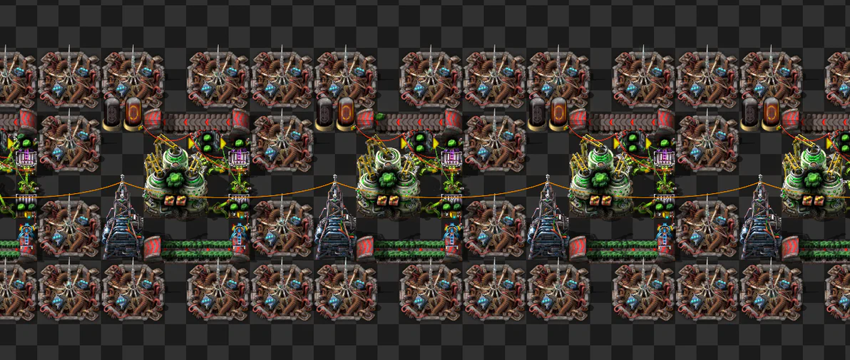 A tileable twelve beacon setup for the Kovarex enrichment process in Factorio.