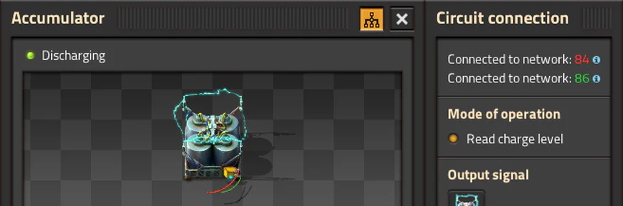 A UI element showing an accumulator sending a signal in Factorio.