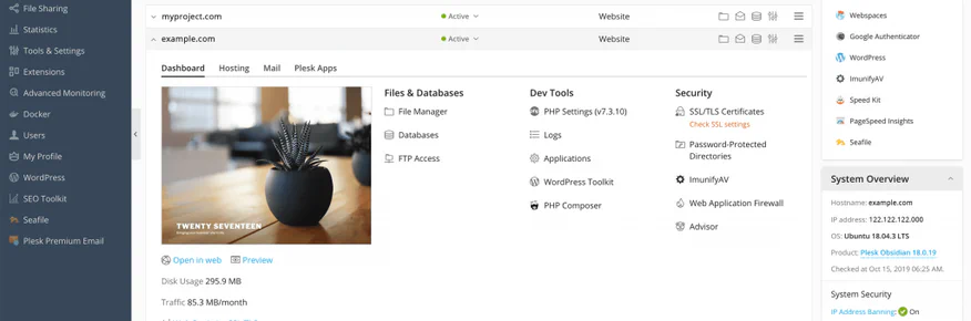 A marketing screenshot of the Plesk interface